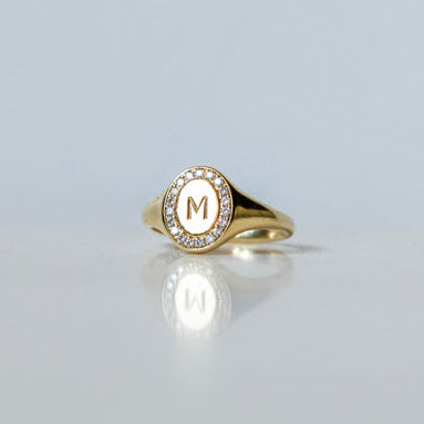 Halo Diamond & Engraved Letter Gold Ring