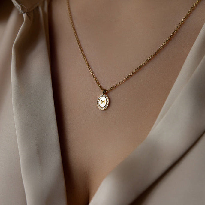 Halo Diamond & Engraved Letter Gold Necklace