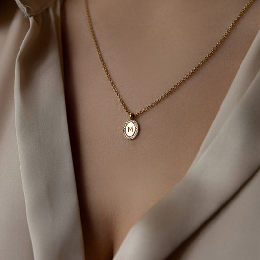 Halo Diamond & Engraved Letter Gold Necklace