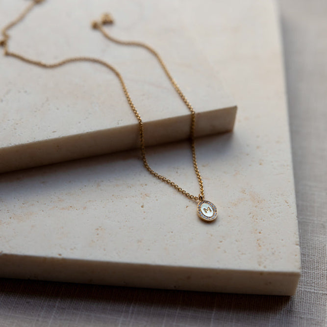 Halo Diamond & Engraved Letter Gold Necklace