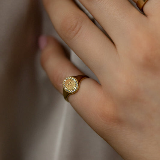 Halo Diamond & Engraved Letter Gold Ring
