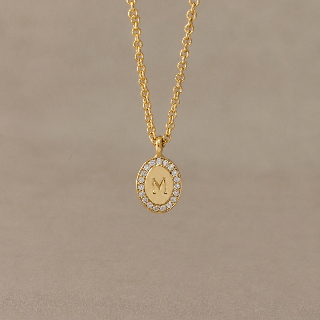Halo Diamond & Engraved Letter Gold Necklace