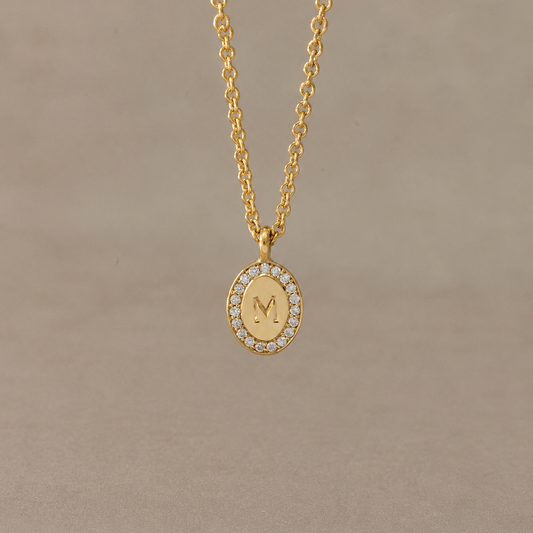 Halo Diamond & Engraved Letter Gold Necklace
